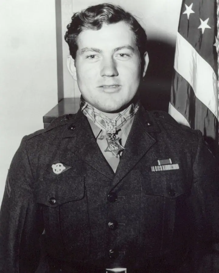 PFC Jacklyn H. "Jack" Lucas, USMC, wearing the Medal of Honor, circa 1945